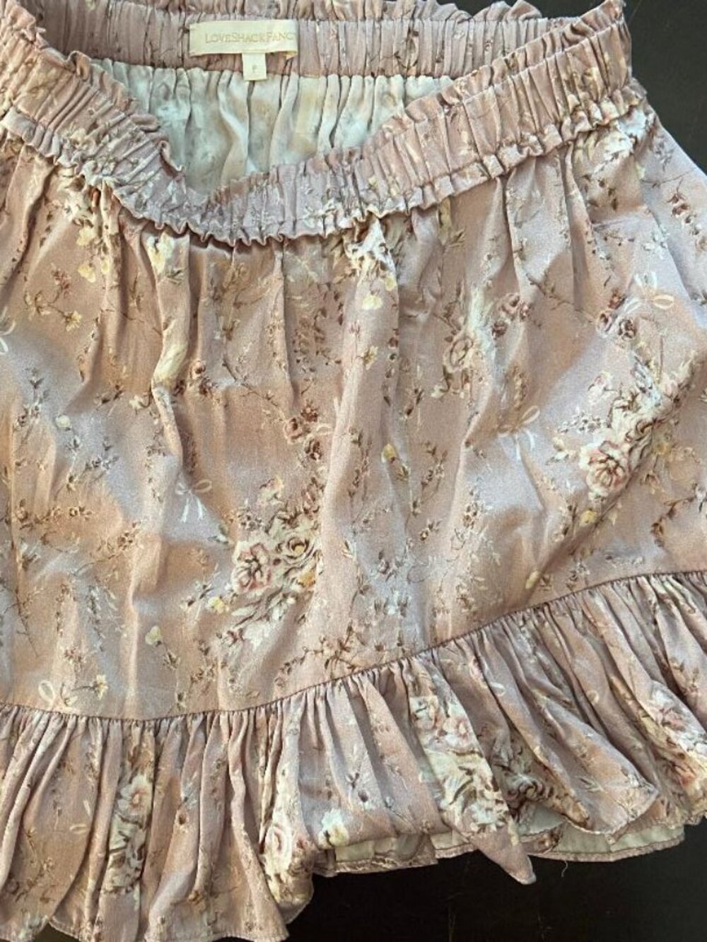 LOVESHACKFANCY 100% Silk Mini Tiered Skirt, Size Petite, in Floral Dusty Pink